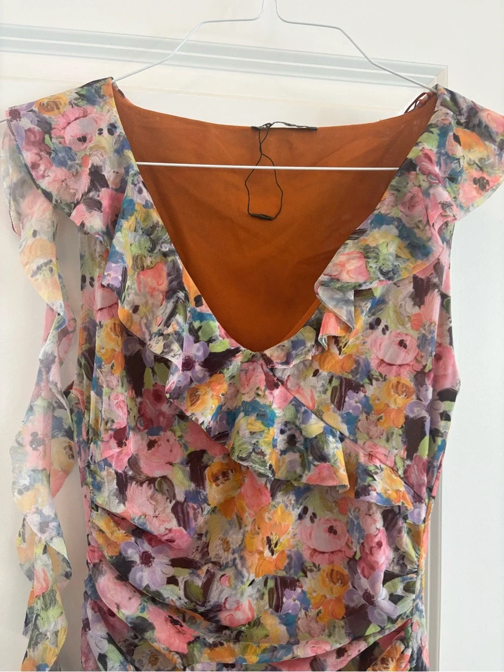 Zara Floral Ruched Asymmetrical Mini Dress Size Medium - Picture 7 of 9